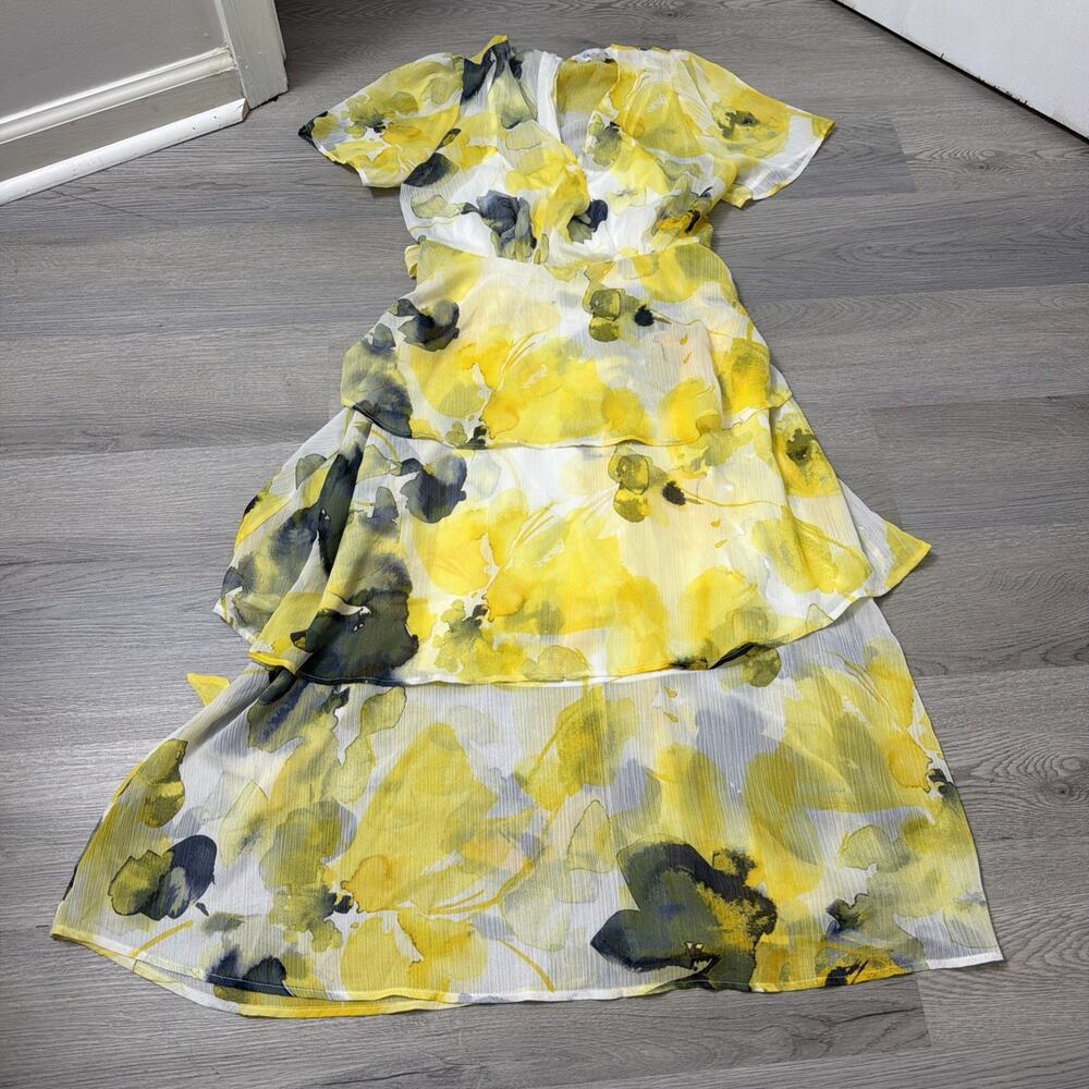 Calvin Klein Maxi Dress Women 6 Yellow Excellent Floral High Low Ruffle Chiffon